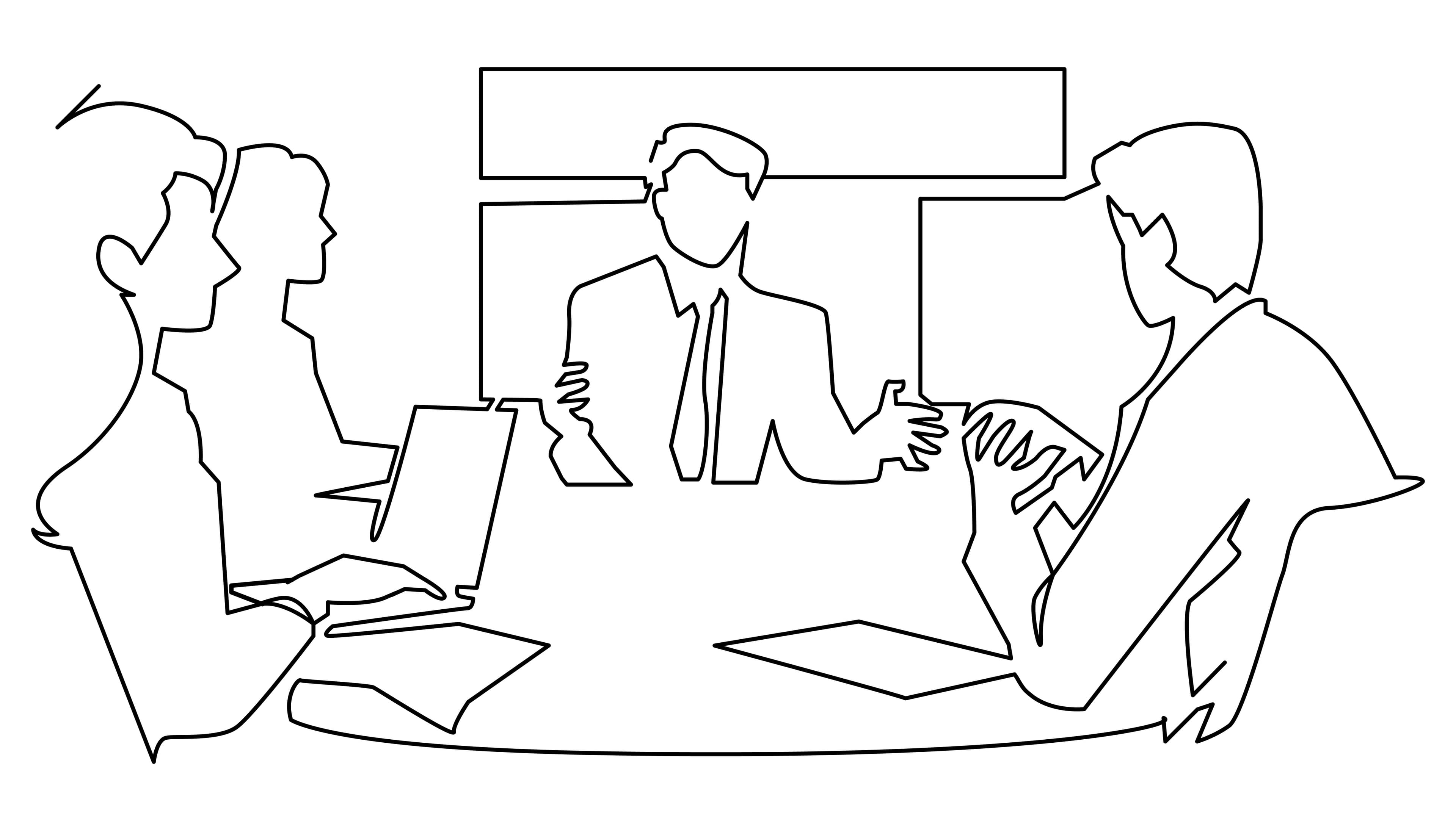 Line art illustration of a business presentation meeting