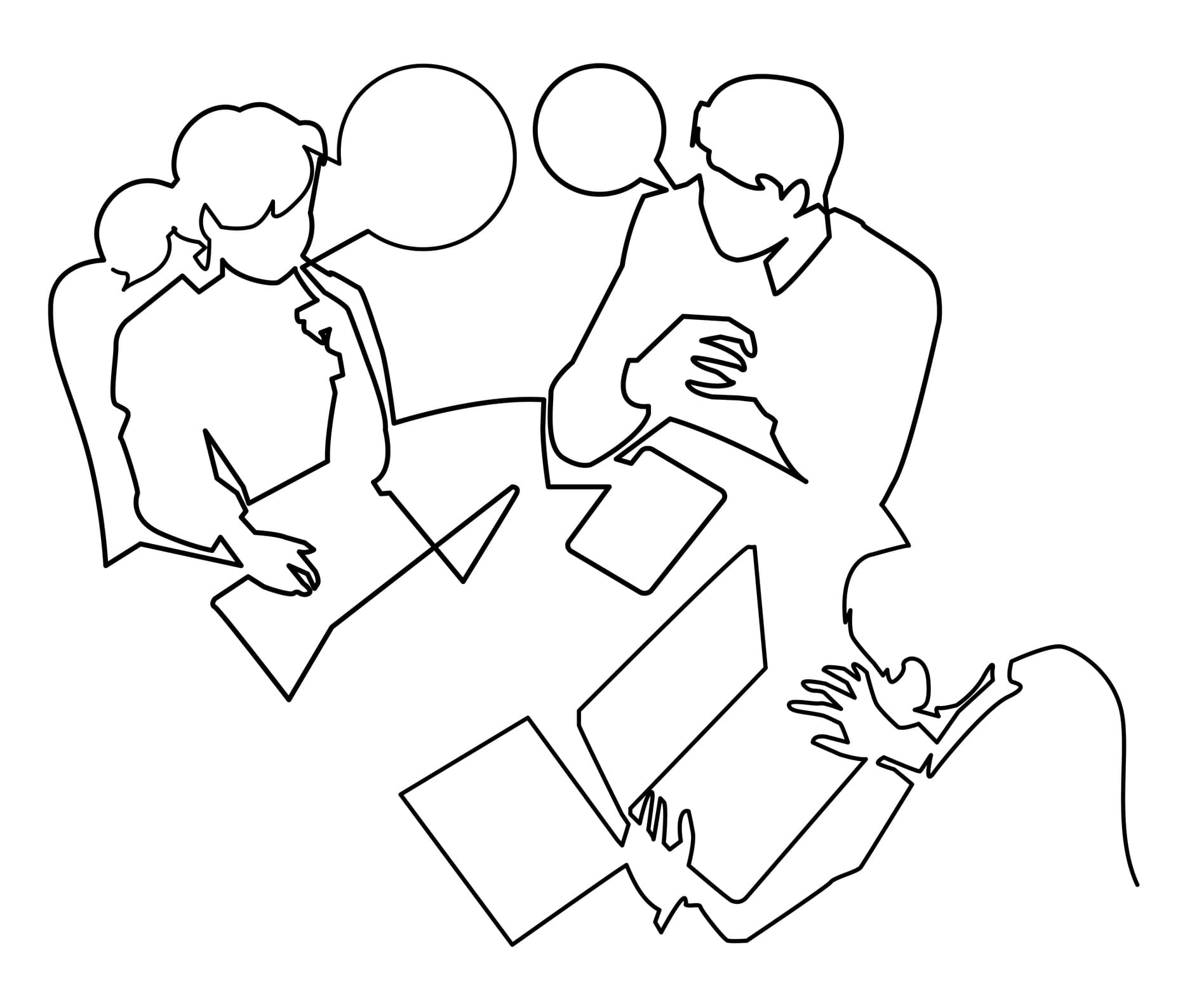 Line art illustration of team discussion with speech bubbles